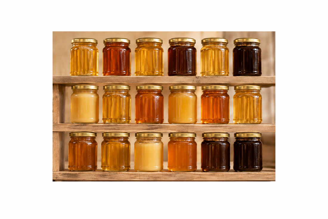 range of honey on shelves